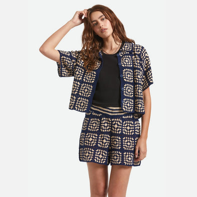 BRIXTON Women's Crochet Short Sleeve Button Down - Mood Indigo/Off White