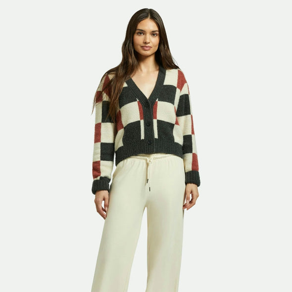 BRIXTON Women's Rivington Crew Cardigan - Cowhide/Whitecap/Black Check