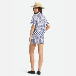 BRIXTON Women's The Omar Button Down Short Sleeve Shirt - Navy/White Collage