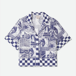 BRIXTON Women's The Omar Button Down Short Sleeve Shirt - Navy/White Collage