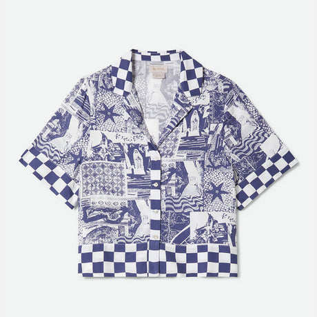 BRIXTON Women's The Omar Button Down Short Sleeve Shirt - Navy/White Collage