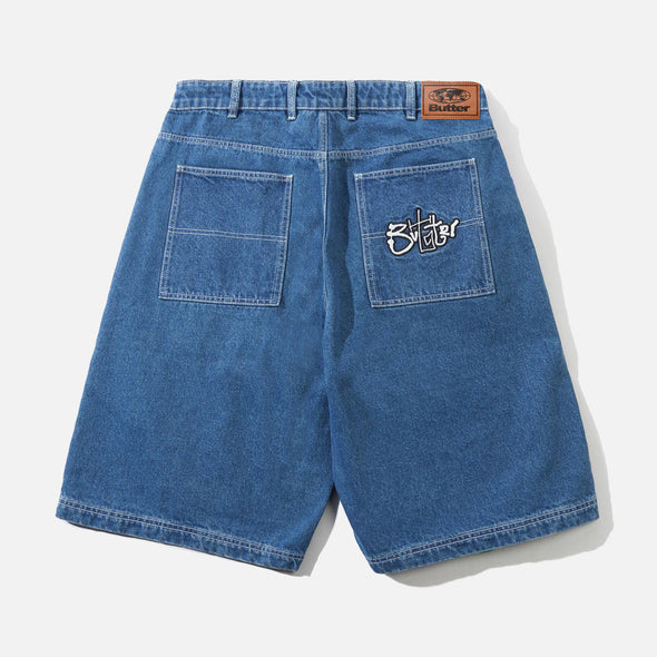 BUTTER Scribble Denim Shorts - Mid Blue