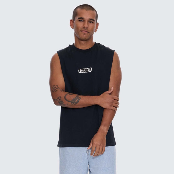 THRILLS Calm State Embroidered Box Fit Oversize Crop Muscle Tee - Washed Black