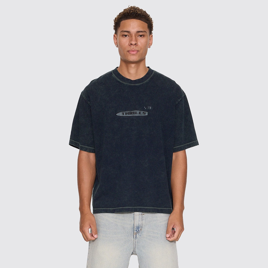THRILLS Filtered Embroidered Oversize Box Crop Tee - Overdye Petrol