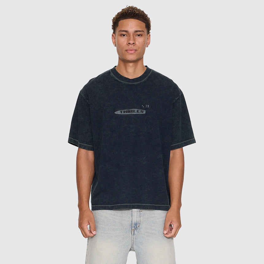 THRILLS Filtered Embroidered Oversize Box Crop Tee - Overdye Petrol