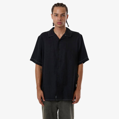 THRILLS Hemp Minimal Thrills Contrast Stitch Bowling Shirt - Black