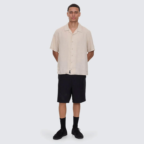THRILLS Hemp Minimal Thrills Contrast Stitch Cropped Bowling Shirt - Oatmeal