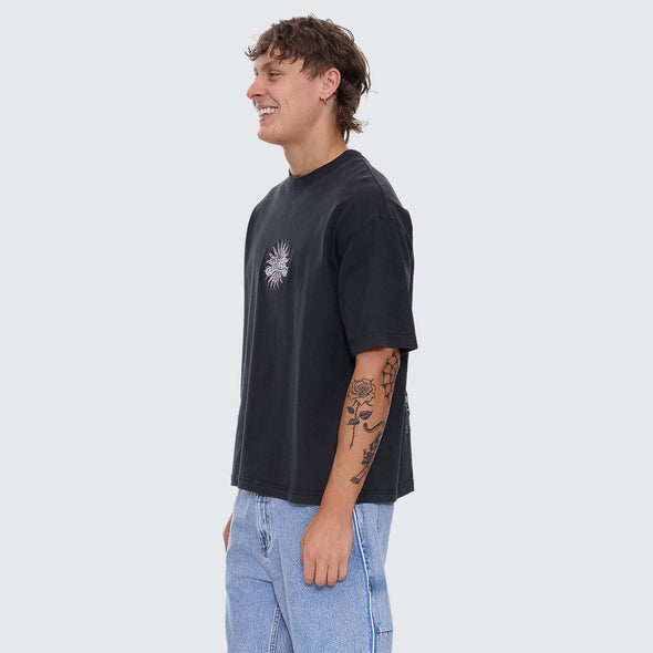 THRILLS Peace Power Embroidered Box Fit Oversize Cropped Tee - Pirate Black