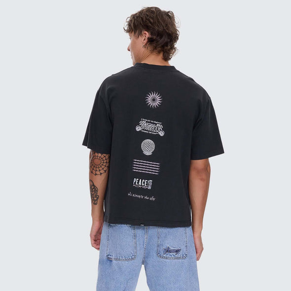 THRILLS Peace Power Embroidered Box Fit Oversize Cropped Tee - Pirate Black