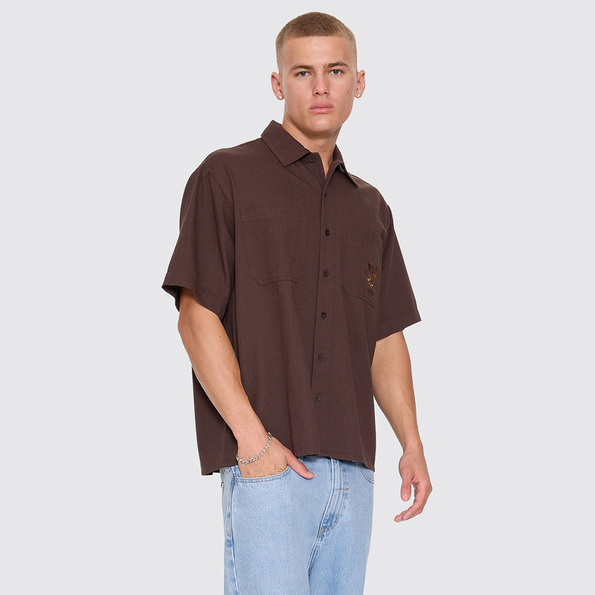 THRILLS Seen & Heard Cropped Short Sleeve Work Shirt - Postal Brown