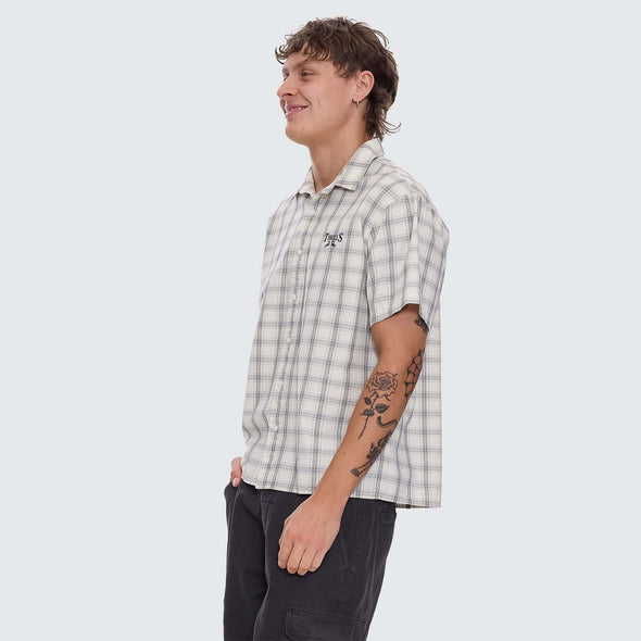 THRILLS Touch The Sky Check Short Sleeve Cropped Shirt - Heritage White