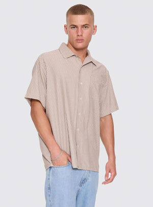 THRILLS Union Short Sleeve Stripe Work Shirt - Postal Brown