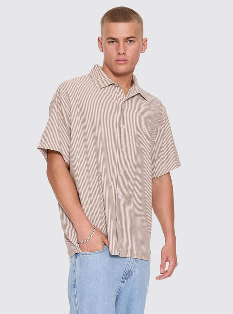 THRILLS Union Short Sleeve Stripe Work Shirt - Postal Brown