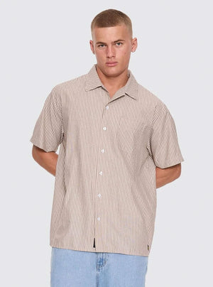 THRILLS Union Short Sleeve Stripe Work Shirt - Postal Brown