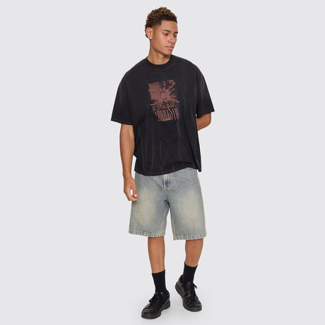 THRILLS Web Of Chaos Oversize Box Crop Tee - Dark Faded Splatter Black