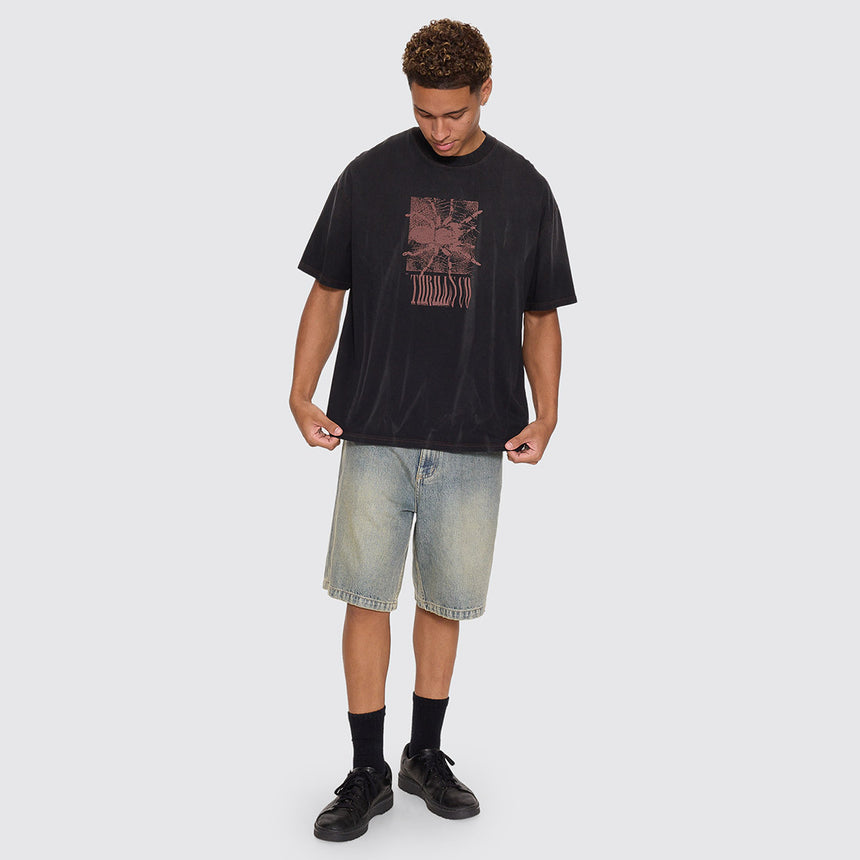 THRILLS Web Of Chaos Oversize Box Crop Tee - Dark Faded Splatter Black