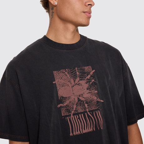 THRILLS Web Of Chaos Oversize Box Crop Tee - Dark Faded Splatter Black