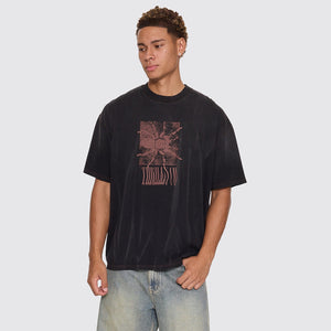 THRILLS Web Of Chaos Oversize Box Crop Tee - Dark Faded Splatter Black
