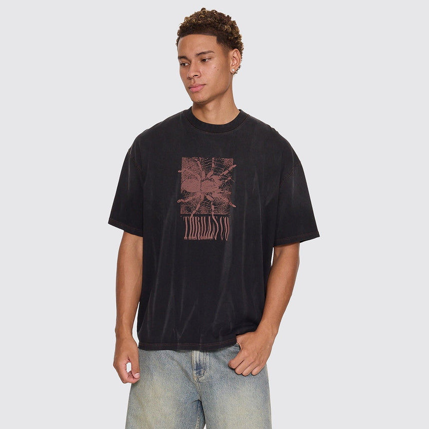 THRILLS Web Of Chaos Oversize Box Crop Tee - Dark Faded Splatter Black