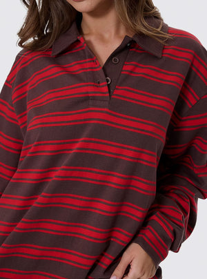 THRILLS Women's Conditions Apply Stripe Long Sleeve Polo - Bitter Chocolate