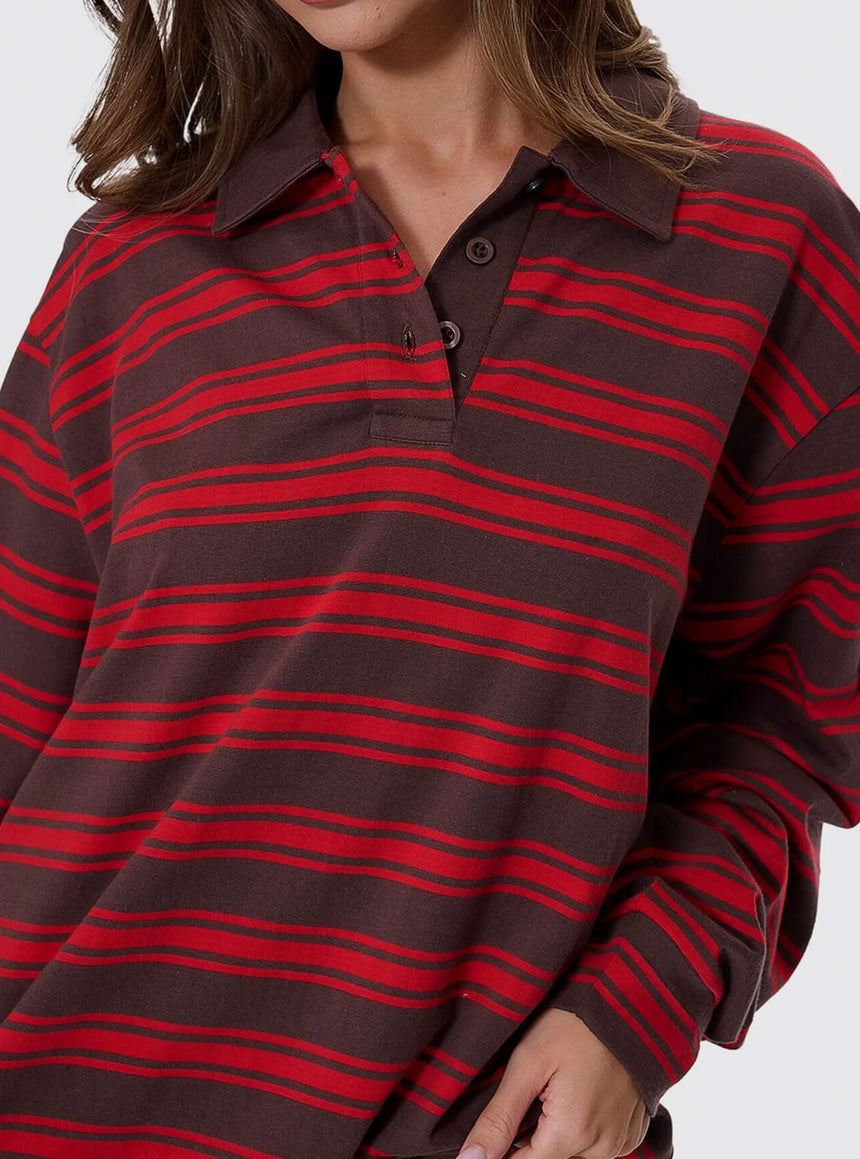 THRILLS Women's Conditions Apply Stripe Long Sleeve Polo - Bitter Chocolate