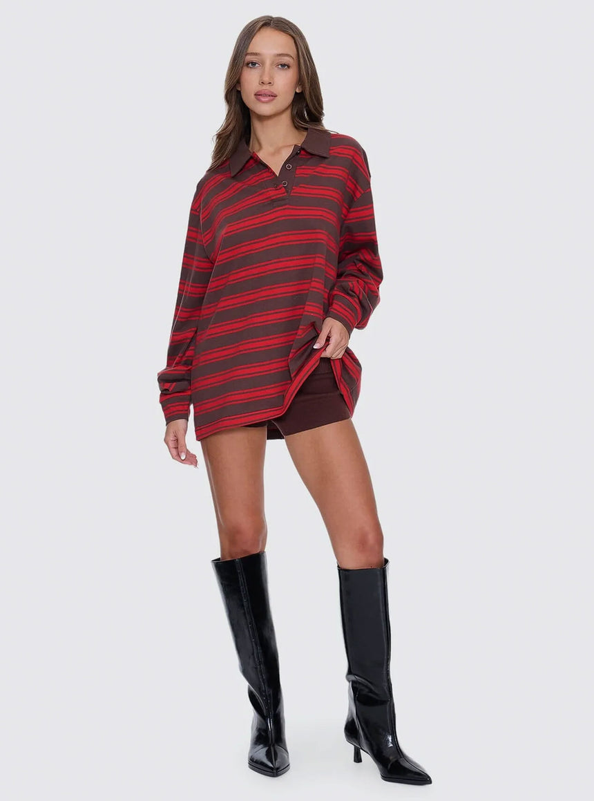 THRILLS Women's Conditions Apply Stripe Long Sleeve Polo - Bitter Chocolate