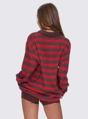 THRILLS Women's Conditions Apply Stripe Long Sleeve Polo - Bitter Chocolate