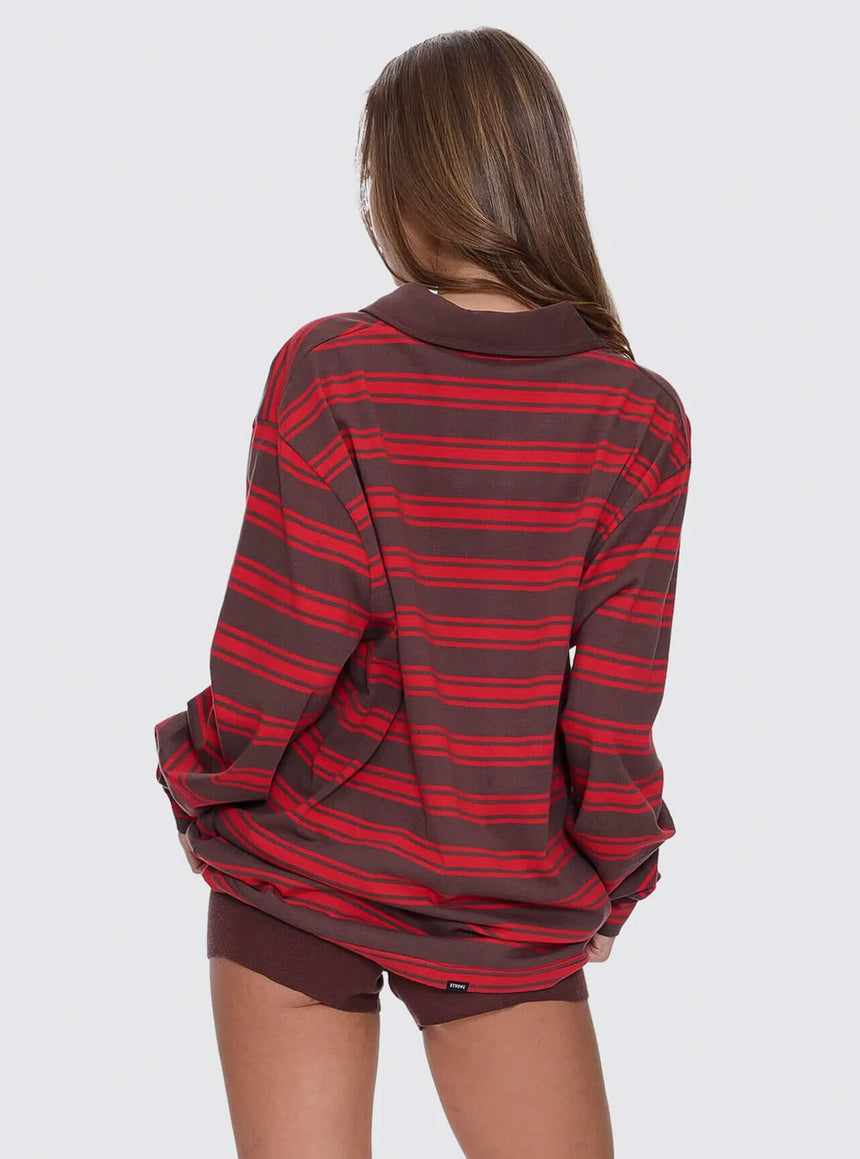 THRILLS Women's Conditions Apply Stripe Long Sleeve Polo - Bitter Chocolate