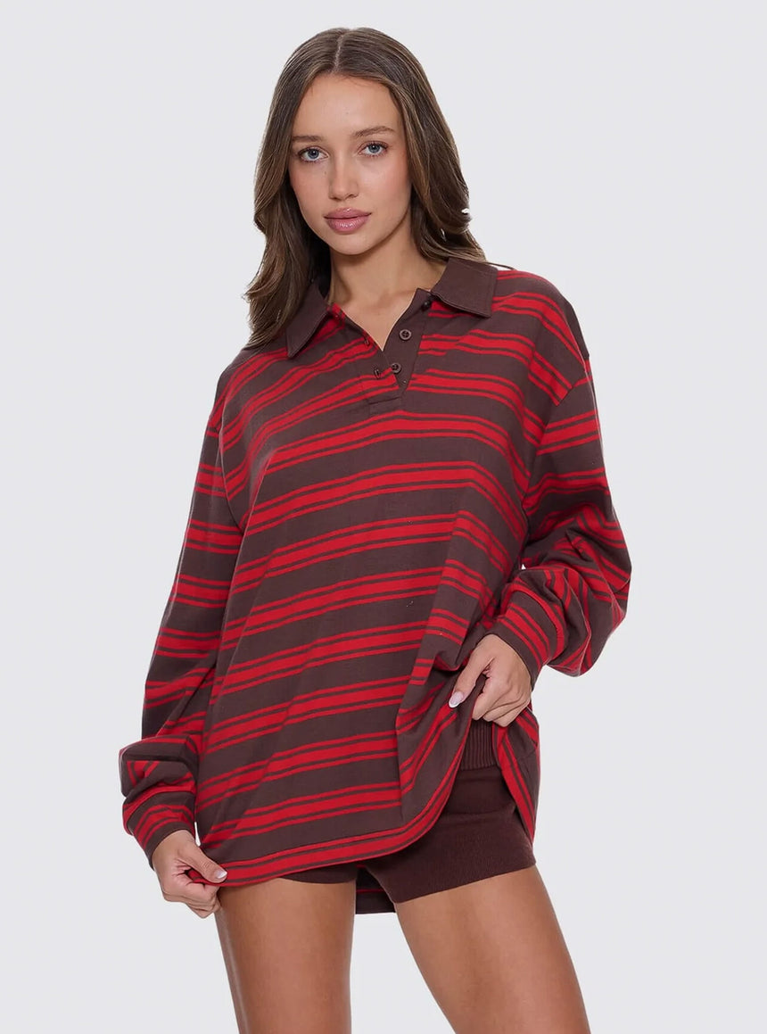THRILLS Women's Conditions Apply Stripe Long Sleeve Polo - Bitter Chocolate