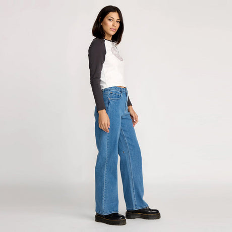 VOLCOM Women's Stoned Boyfriend Hirise Jean - Deep River Blues
