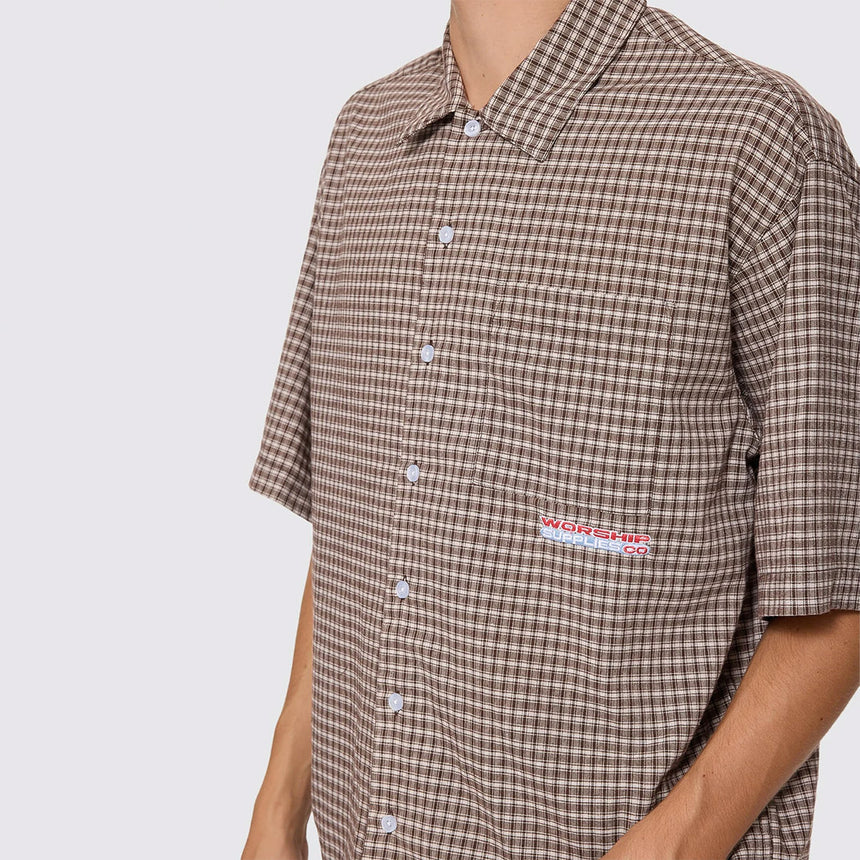 WORSHIP Globo Box Crop Short Sleeve Shirt - Brown