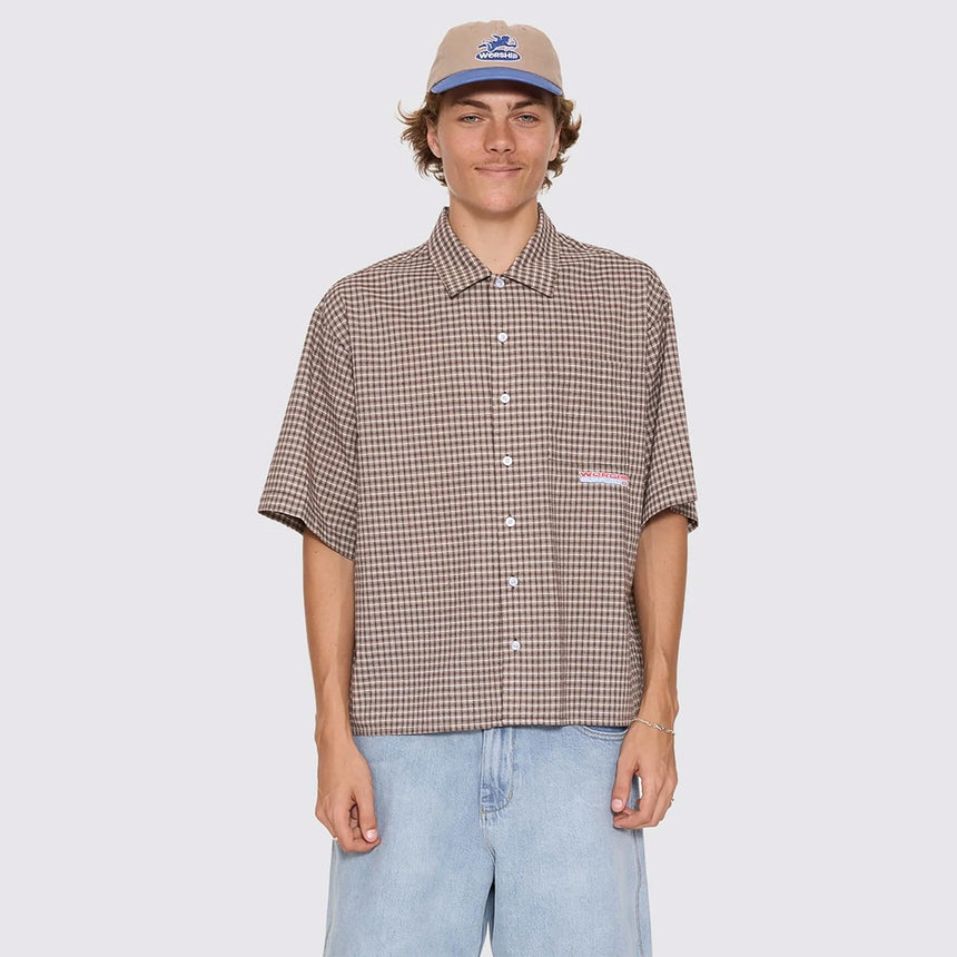 WORSHIP Globo Box Crop Short Sleeve Shirt - Brown