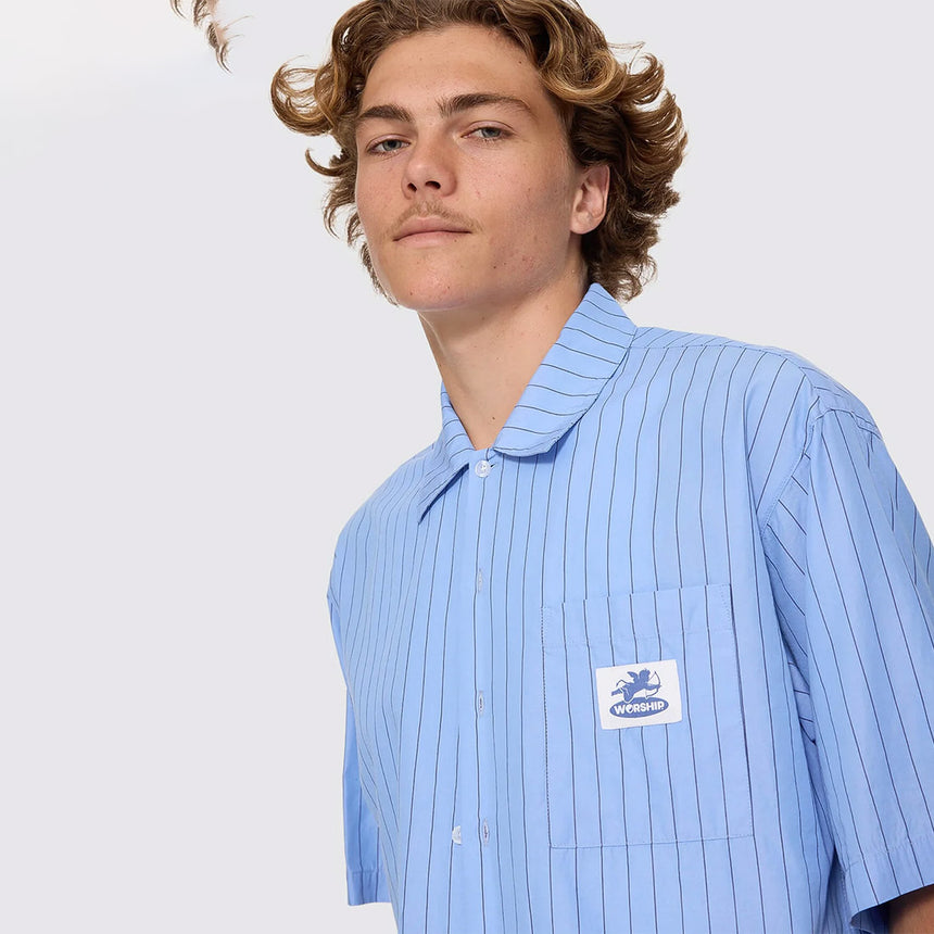 WORSHIP Shadow Cherub Box Crop Short Sleeve Shirt - Dream Blue Stripe