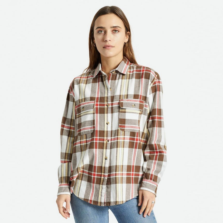 BRIXTON Women's Bowery Boyfriend Flannel - Off White/Dark Earth