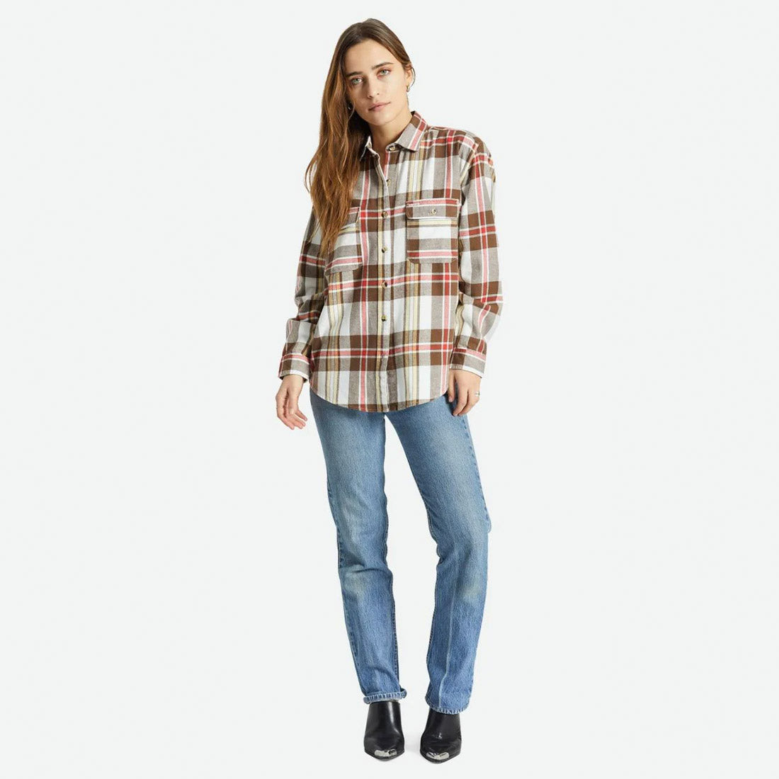 BRIXTON Women's Bowery Boyfriend Flannel - Off White/Dark Earth